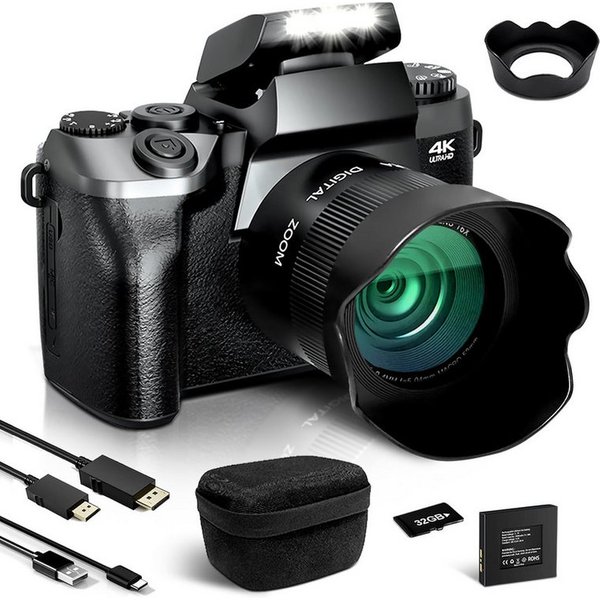 Fine Life Pro Digitalkamera 4K 64MP Fotokamera mit 4.0" Touchscreen, Kompaktkamera (inkl. mit WiFi, mit Kameratasche, der Objektivblendenabschirm, 64GB TF-Karte