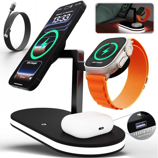 GreenHec Ladestation iPhone Apple Watch Induktiv LED-Licht Wireless MagSafe für Wireless Charger (3000 mA, Spar-Set, 3in1 PowerBase + USB-C Kabel + 20w Dual Cha
