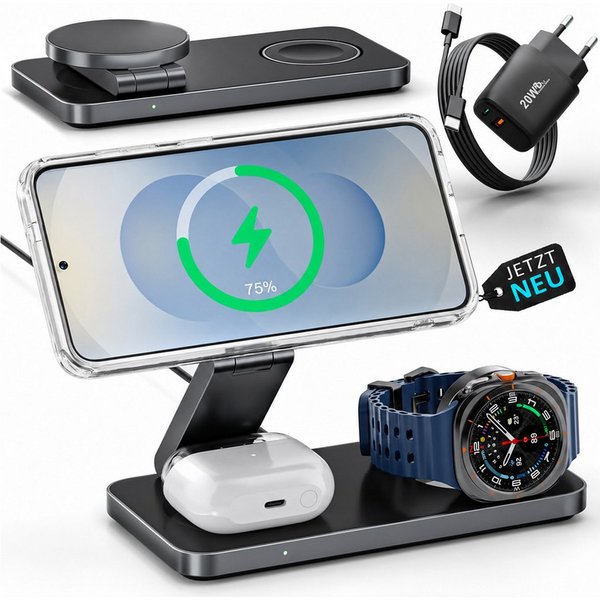 GreenHec 3in1 Ladestation für Samsung S26 S25 S24 S23, Magnetisch, Induktiv Wireless Charger (Spar-Set, Wireless Charging Pad, Watch Charger, MagSafe kompatibel