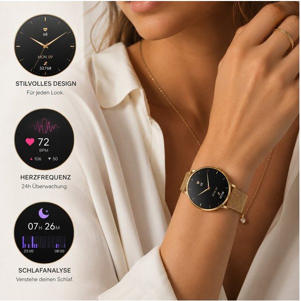XCOAST SIONA 2 NANO - ultra kleine Damen Smartwatch (3,7 cm/1,19 Zoll, iOS und Android) Filigran, Frauen Armbanduhr, Fitnesstracker, 1-tlg., Fitness Tracker, Da