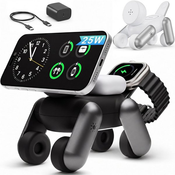 GreenHec 25W Ladestation 3 in 1 MagSafe Ladegerät iPhone 18/17 Pro Max Wireless Charger (0,02 mA, Spar-Set, PowerBase + Ladegerät + Ladekabel, Apple Watch, AirP