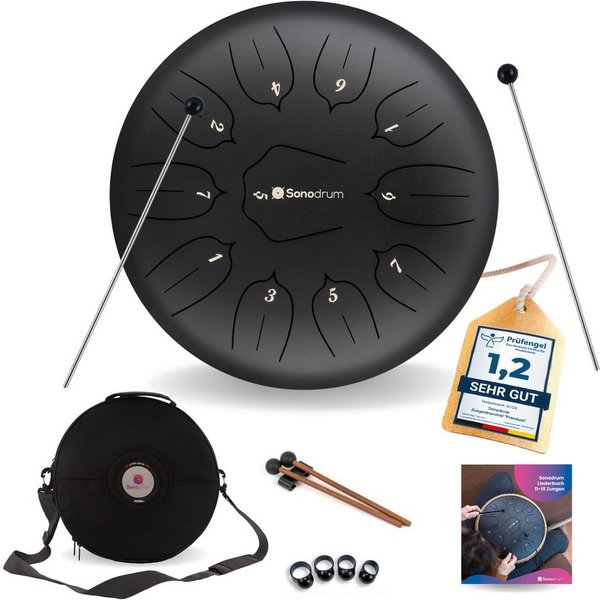 Sonodrum Steel Tongue Drum "Standard", D-Dur, 30 cm, 11 Zungen inkl. Liederbuch und Tragetasche