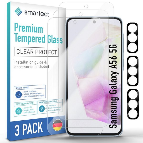 smartect Displayschutzglas Schutzglas Panzerfolie 3 + 3 Stück für Galaxy A56 5G (Display+Kamera) für Samsung Galaxy A56 5G, Set, 3 Stück, 0.3 mm Ultra-klar, 9H 