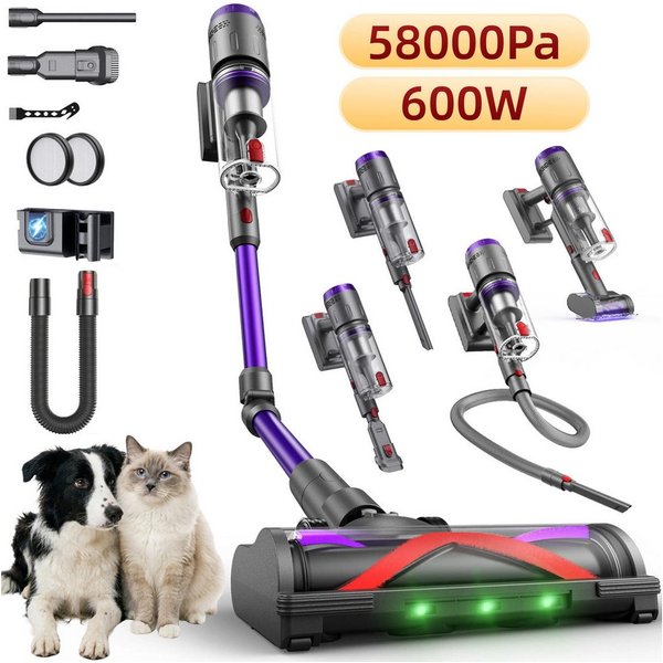 Circlio Akku-Stielstaubsauger Akku Staubsauger mit 600W/58KPa Extrem-Saugkraft, Staubsauger Kabellos, 600 W, beutellos, Selbststehend Design, Akkusauger für Tep