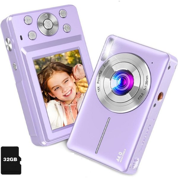 AKKEE Digitalkamera 1080P 44MP Kompaktkamera mit 32G Karte 16X Digitalzoom Kompaktkamera (44 MP, Anti-Shake, Serienaufnahmen, Timer-Aufnahme, Gesichtserkennung)