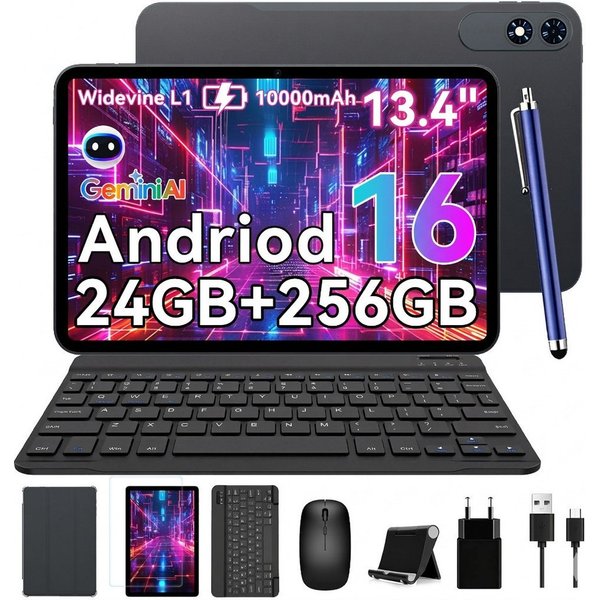 TABWEE Android 16 13.4" mit Tastatur/Maus/Stift/Kopfhörer 10000mAh 120HZ Tablet (13.4", 256 GB, Android16, 10000 mAh, Android 16, Gemini AI, mit Zubehör, Kabel-