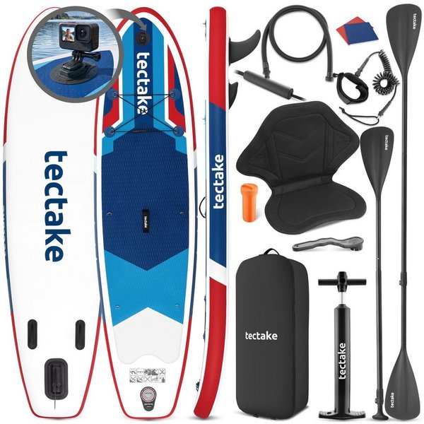 tectake SUP-Board Aufblasbares Paddle-Board mit Kamerahalterung, Kajak-Sitz, Stand-up Paddle, (Stand up Paddle Board Poseidon, in Rot/blau), Inkl. Zubehör, stab