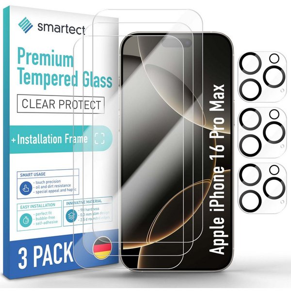smartect Displayschutzglas Schutzglas Panzerfolie Klar 3 + 3 Stück für iPhone 16 Pro Max für Apple iPhone 16 Pro Max, Set, 3 Stück, Display + Kamera, inkl. Anbr