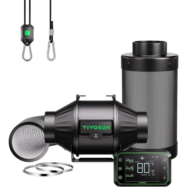VIVOSUN Ventilatorkombigerät VIVOSUN AeroZesh T-Serie, 10 cm Durchmesser, Smartes Abluft-Set mit GrowHub E42A-Controller und Aktivkohlefilter