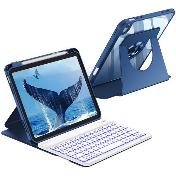 Fintie mit 360° drehbare Hülle für iPad A16 11/10. Generation 11/10,9 Zoll Tastatur (7-farbige Hintergrundbeleuchtung magnetisch Bluetooth-Tastatur)