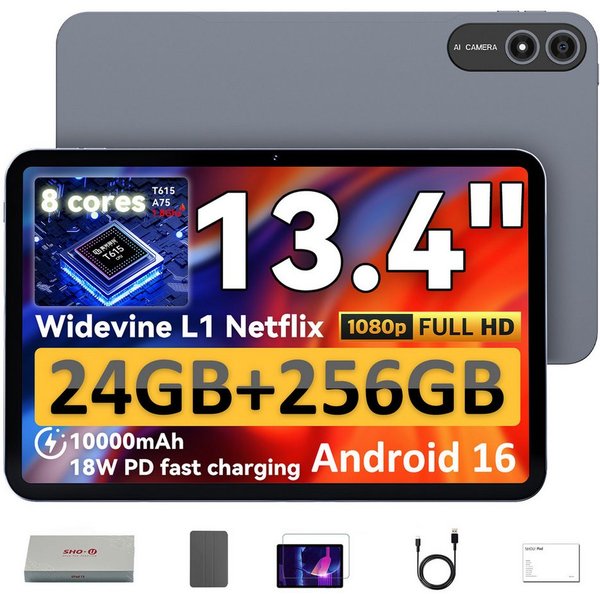 SHOU 13,4",Android 16, 10000 mAh,256 GB mit Tablet-Hülle/Displayschutzfolie Tablet (13.4", 256 GB, Android 16, WiFi, 10000 mAh, Gemini AI, inklusive Tablet-Hüll
