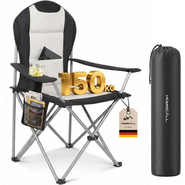 HOMECALL Campingstuhl Hochlehner Klappstuhl Gartenstuhl Angelstuhl mit Angenehme Polsterung (Packung, 1 St), bis 150KG, mit Seitentaschen und Getränkehalter für