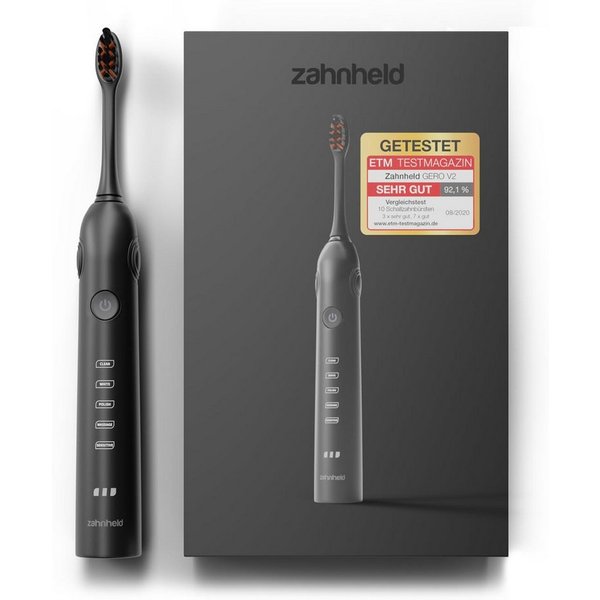 Zahnheld Elektrische Zahnbürste Schallzahnbürste Gero G2 mit Etui schwarz, 5 Putzmodi, Zahnpflege, Mundpflege, Reisezahnbürste, Zahnbürste mit Schall, USB Lades