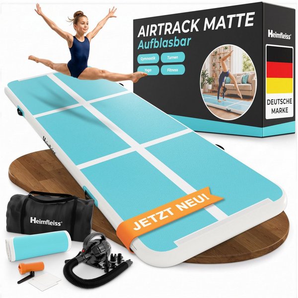 Heimfleiss® Turnmatte Airtrack aufblasbar 300x100x10 cm (Air Track Matte mit Elektropumpe, inkl. Tragetasche und Reparaturset), bis 150 kg belastbar