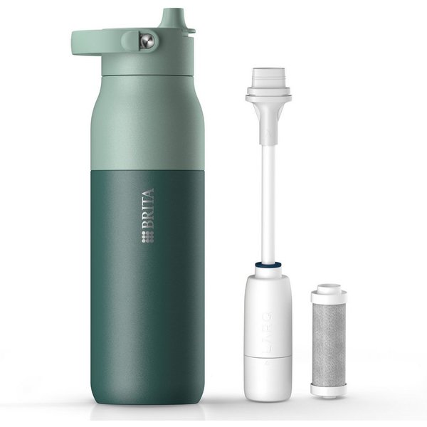 BRITA Trinkflasche BRITA LARQ Essential Filter Trinkflasche (1L) mit Strohhalm, Edelstahl Wasserflasche mit doppelwandiger Isolierung - hält 24h kalt