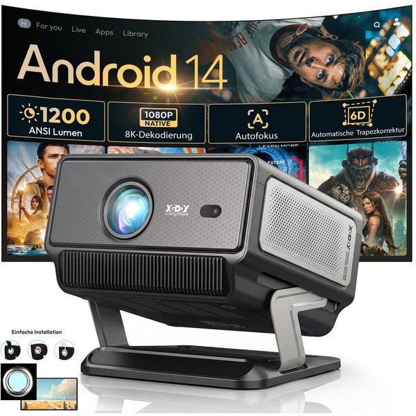 XGODY 2026 Neuer Smart Beamer 4k heimkino mit leinwand, Integrierte APP UHD-Beamer (1200 lm, 2500:1, 3840 x 2160(1200 ANSI) px, Android 14, Full HD 1080P, unter