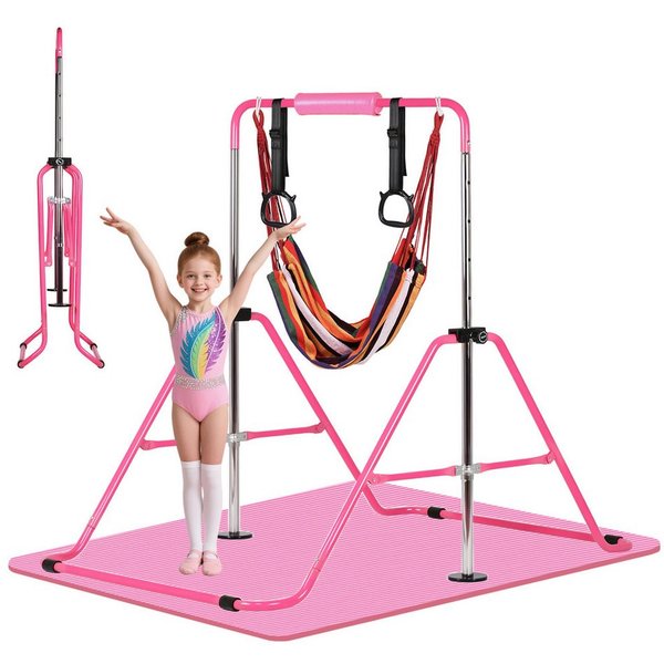 Hausright Turnreck Gymnastikstange für Kinder, Turnstange ab 3 Jahre, 88-128cm, (Gymnastikstange, Gymnastikmatte, Polster & 2 Ringen), Verstellbaren Höhen Faltb