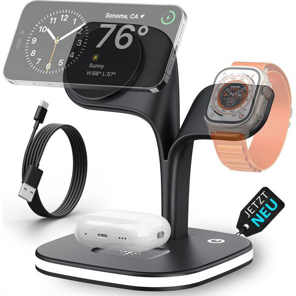 GreenHec Ladestation 3in1 MagSafe Ladegerät Kabellos Induktiv Charger Stand Wireless Charger (3 mA, Spar-Set, 3in1 PowerBase + USB-C Kabel + 20w Dual Charger, i