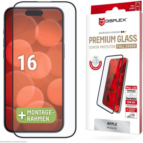 Displex Displayschutzglas Premium Glass Full Cover für Apple iPhone 16, 1 Stück, Displayschutzfolie, Schutzfolie, Bildschirmschutz, kratz- & stoßfest
