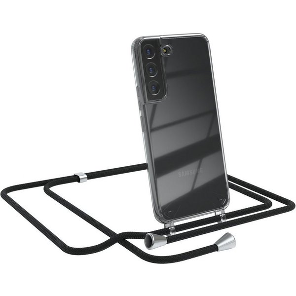 EAZY CASE Handykette Hülle mit Kette für Samsung Galaxy S22 5G 6,1 Zoll, Handykette Hülle mit Band Slimcover Schutzhülle Schwarz Clips Silber