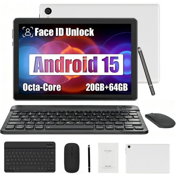 BUFO 10 Zoll 64GB erweiterbar auf 1 TB, mit Tastatur/Maus/Stift, Android Tablet (10", 64 GB, Android 15, 2,4G/5G WiFi, Split-Screen-Funktion, HD 1280x800, Dual-