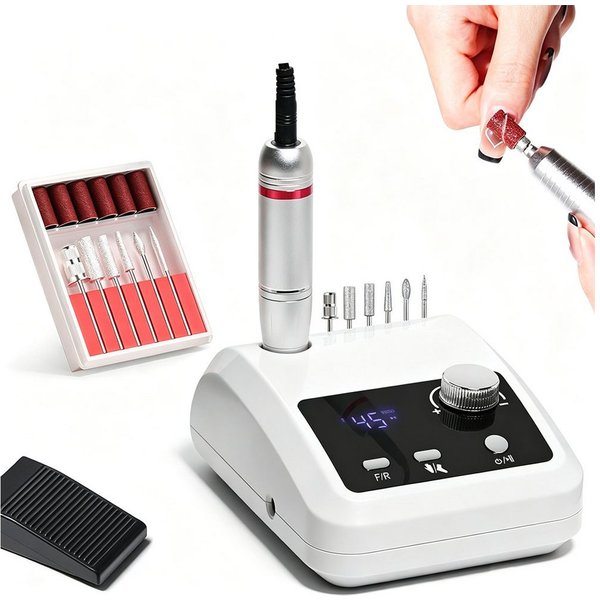 TUWENA Maniküre-Pediküre-Set Nagelfräser für Gelnägel, Elektrisch Nagelfeile Professionell 45000RPM, 6 in 1 Fräser Nägel Mit Pedalen und LED-Anzeige, Nail Drill