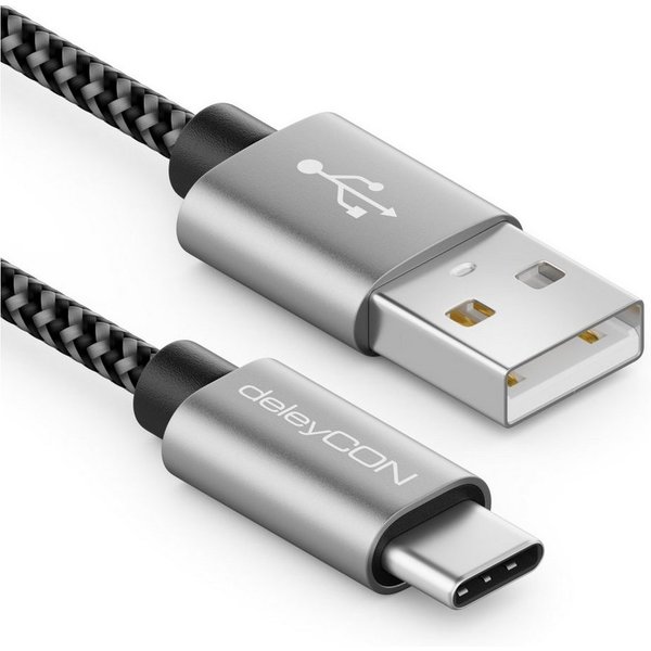 deleyCON 2m USB-C Kabel Nylon Ladekabel Datenkabel USB Typ C Handy Smartphone USB-Kabel