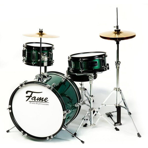 FAME Schlagzeug,3 PC Junior Drumset Green Kinderschlagzeug mit Bass Drum Tom Snare Hardware und Hocker von 3 -9 Jahren mit Zubehör und Drumsticks, Schlagzeuge, 