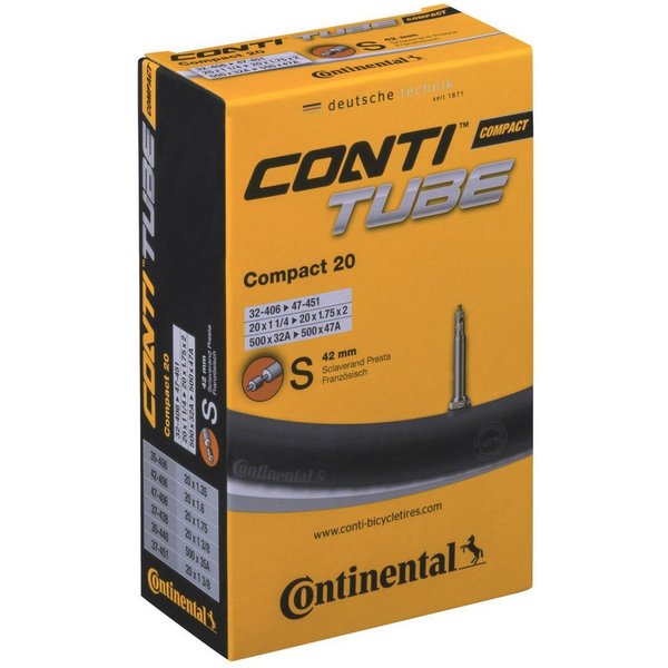 CONTINENTAL Fahrradschlauch Fahrrad-Schlauch 20 Zoll 32-406 47-451 SV 42mm, 20 Zoll (50,80 cm), (Packung, 1-St., 1 Stück), Schlauch Compact 20 mit SV-Ventil 42m