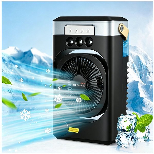 MOPUEA Ventilatorkombigerät 2-in-1 Luftkühler mit Sprühnebel 600ml 3Stufen LED-Licht Timer, Sprühnebel, 7 Farben, 3 Windstufen, Timer und integrierter Tragegrif