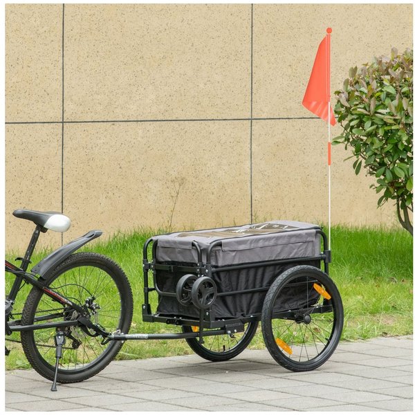 HOMCOM Fahrradlastenanhänger Lastenanhänger mit Kupplung Bremse, Handwagen, 130x64x64/103cm, Schwarz+Grau 130 x 64 x 64,103 cm