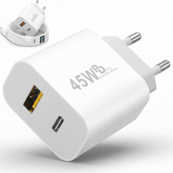 GreenHec 45w Schnellladegerät USB C Charger für Samsung S25 S24 S23 iPhone Schnelllade-Gerät (50 mA, Spar-Set, 45w USB-C + USB-A Dual Charger, Netzteil Stecker 