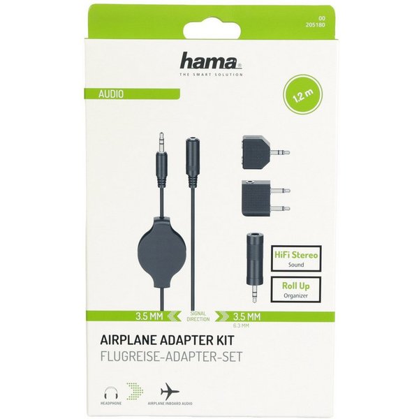Hama Flugzeug-Adapter Set 3,5mm 6,3mmm Klinke Roll Up Audio-Kabel, 3,5-mm-Klinke, 2x 3,5-mm-Klinke, 6,3mm Klinke, 3,5mm Klinke (120 cm), Flugreise Set Klinken-K