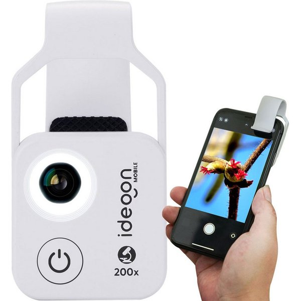 shop'n smile ideoon Mikroskop-Vorsatzlinse für Smartphone/Tablet 200x 6 LEDs CPL Linse Minimikroskop (200-fache Vergrößerung & Universal-Clip für Smartphone/Tab