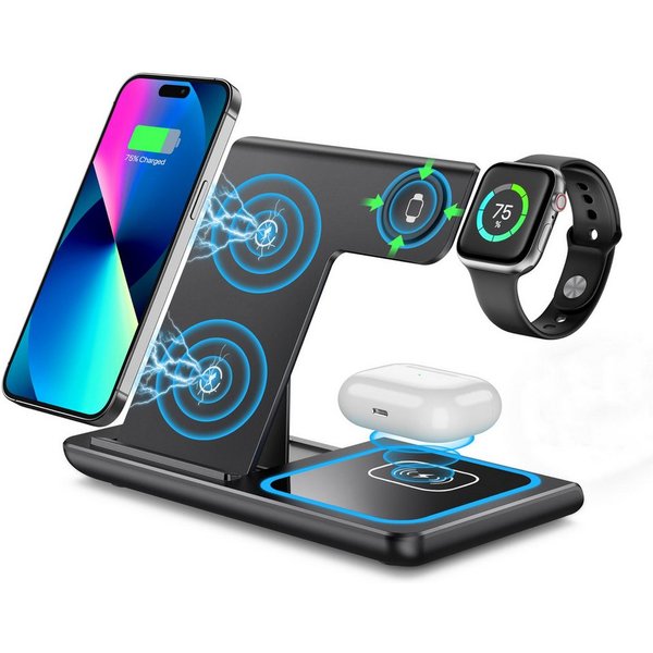Forrlite 2026 Neues Kabelloses Ladegerät,Induktive Ladestation 4 in 1, Induktions-Ladegerät (4 in 1 iPhone Ladestation, 25W Wireless Charger, Qi 2.0 Schnellladu