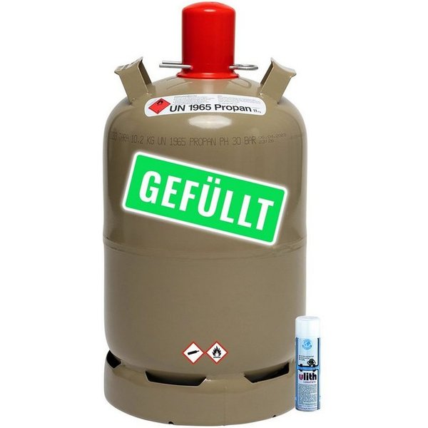 BlueCraft Camping-Gas Bluecraft Propan-Gas-Flasche 11 kg gefüllt voll Campinggasflasche, Propan Gas-Flasche grau gefüllt, Eigentumsflasche Inkl. Lecksuchspray