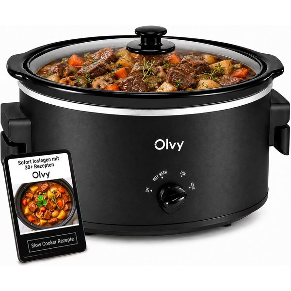 Olvy Schongarer Analog, 6L, PFAS-frei, Braten & Schmoren, Slow Cooker, Spülmaschinenfester Innentopf aus Keramik, 3 Temperaturstufen