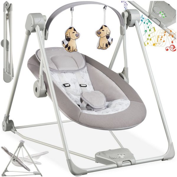 tectake Babyschaukel klappbare elektrische Schaukel mit Timer und 5 Geschwindigkeiten, 5 beruhigende Naturgeräusche und Spielebogen