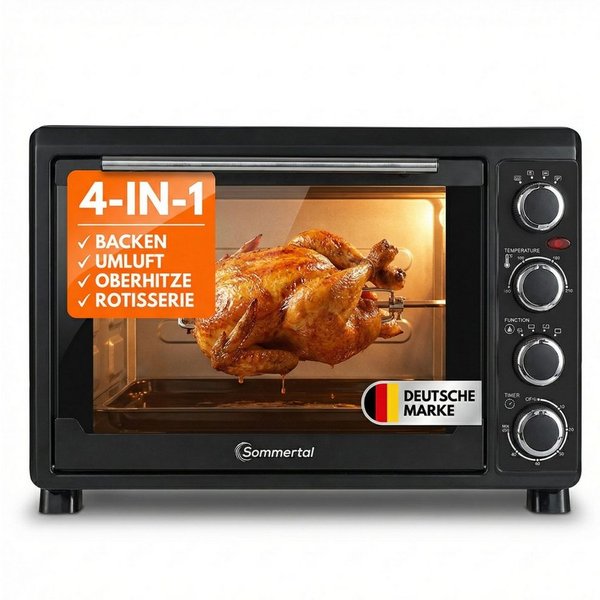 Sommertal Multiofen Sommertal Minibackofen 30 Liter mit Drehspieß & Umluft, 1500W, Hähnchengrill, Backen, Grillen & Pizza, Campingbackofen, inkl. Zubehör