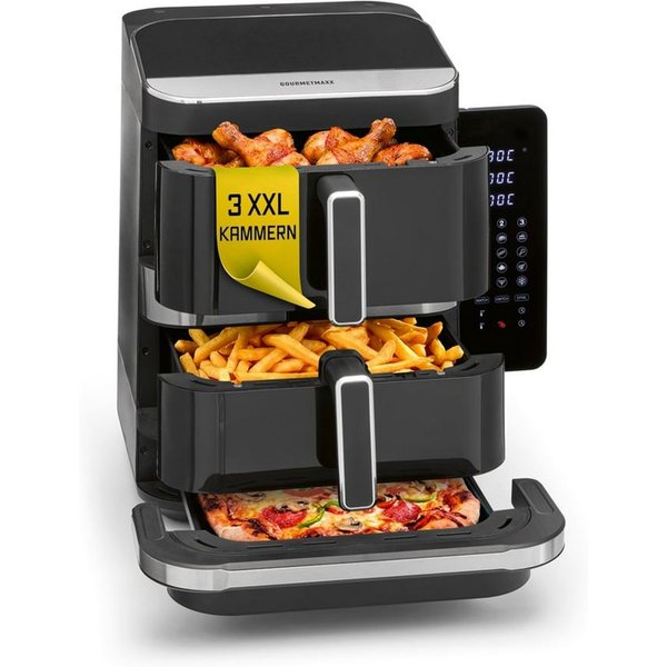 GOURMETmaxx Heißluftfritteuse GOURMETmaxx Heißluft-Fritteuse 2800W schwarz Doppelkorb vertikal 4l + 6l mit Pizzafach, 2800 W, Heissluftfritteuse XXL, ohne Öl, f