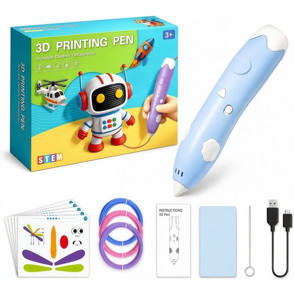 ibettertec 3D-Drucker 3D Druckstift Set für Kinder ab 3 Jahren,1.7mm blauer 3D Stift mit PCL, Filamenten, Zeichenfolien, USB-Ladekabel und Zubehör, kreatives