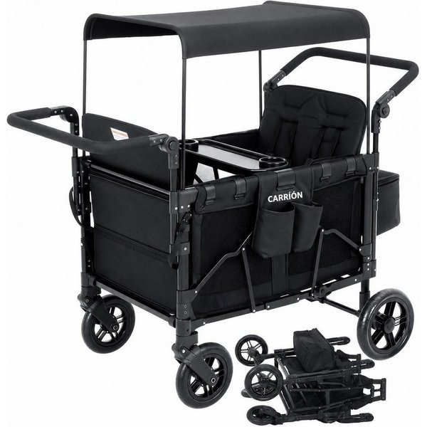 GarveeMore Bollerwagen 2-in-1 faltbarer Kinderwagen mit abnehmbarem Snack-Tablett (inkl. Schiebe- & Ziehgriff, 360° Lenkrollen, One-Step-Fußbremse), für 4 Kinde
