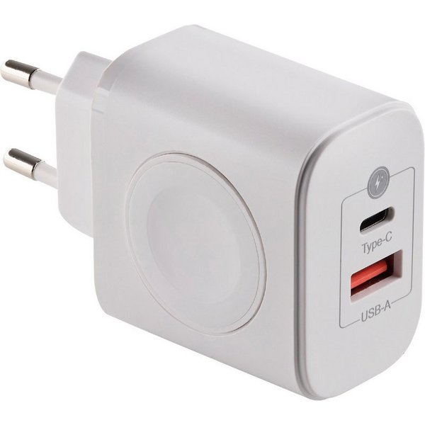 CAVO USB 3-in-1 Netzteil weiß USB-C (bis 20W) USB-A (bis 18W) USB-Ladegerät (Quick Charge QC 3.0 Wireless Charger 3W für Apple Watch)