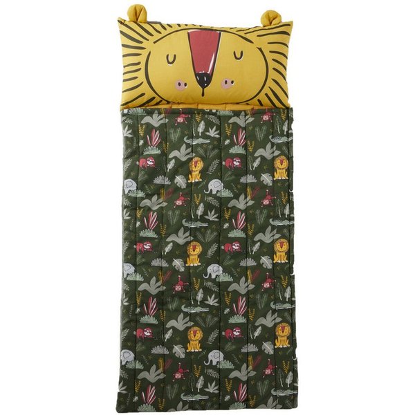 Familando Kinderschlafsack Dschungel Motiv mit Kopfkissen Löwe Indoor Schlafsack 62x142cm, aus 100% Baumwolle mit Reißverschluss