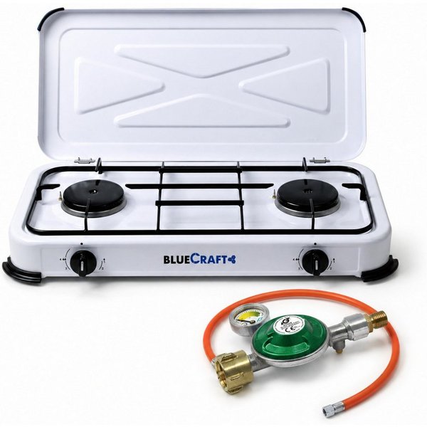 BlueCraft Gaskocher 2 flammig mit Zündsicherung 50mbar Propan Gas Campingkocher 4,4 kW, (mit Schlauch 100 cm und Gas Regler Druckminderer mit Manometer), Campin