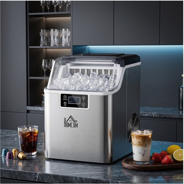 HOMCOM Eiswürfelmaschine Ice Maker, 24 Nugget Eiswürfel, 20kg/24h, 2,1L Wassertank, Selbstreinigung Silber 25,2 x 36 x 37,1 cm