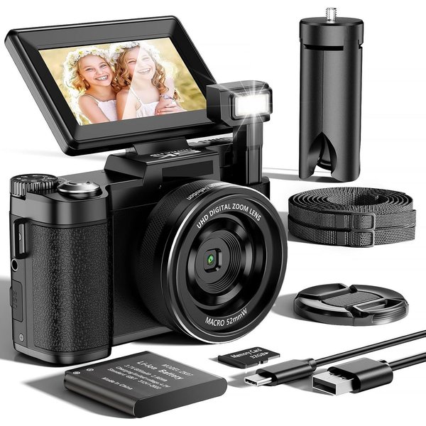 Pdgrid 5K&64MP WLAN Kamera Fotokamera 180° Klappbildschirm Vollformat-Digitalkamera (1080P, LCD-Bildschirm, 32GB Karte, 64 MP, 18x opt. Zoom, 800mAH Akku,Ideal 