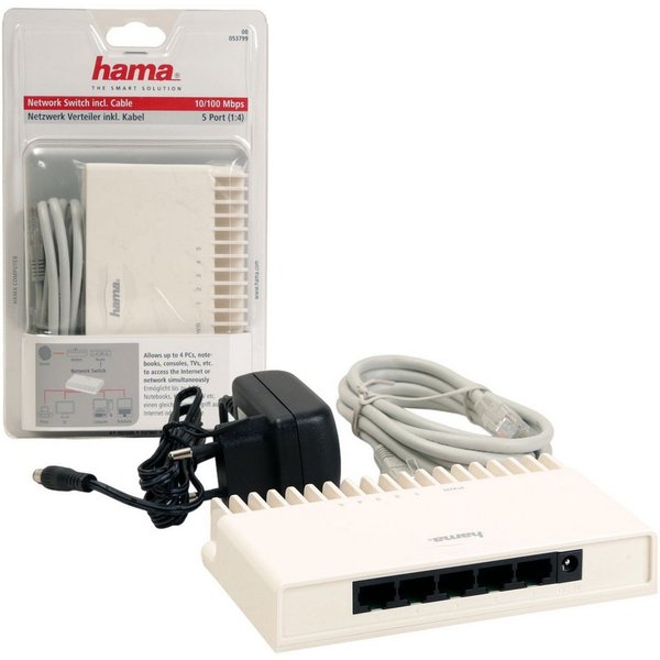 Hama 5-Port Netzwerk Switch LAN Verteiler Hub Weiß Netzwerk-Switch (schnell Fast Ethernet 10/100 Mpbs 5x RJ45 Ports Kabel Wandmontage)
