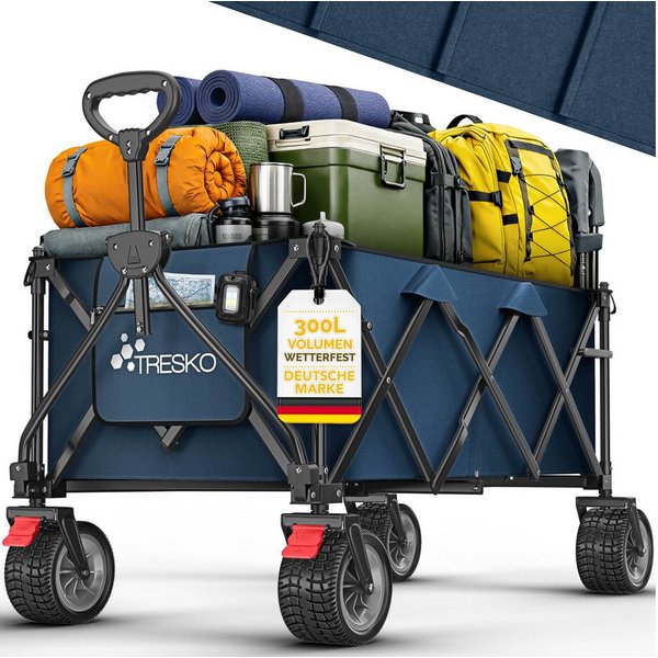 TRESKO Bollerwagen Bollerwagen faltbar 300L mit Bremse Handwagen klappbar 150kg (inkl. Vollgummireifen Faltbarer Strandwagen mit Extra Breite All-Terrain-Räder,