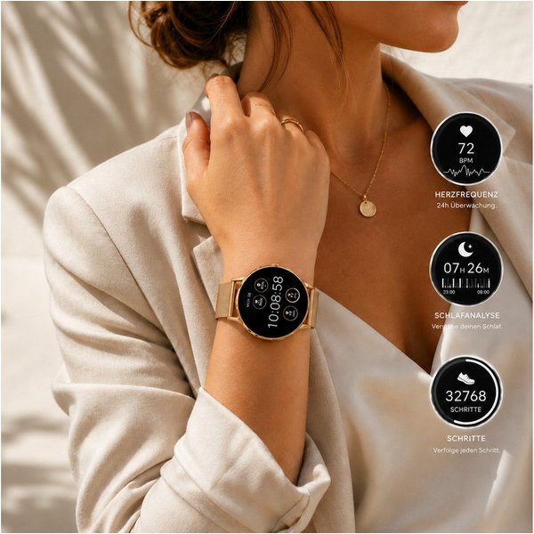 XCOAST SIONA 2 Damen Smartwatch (4,2 cm/1,3 Zoll, iOS Android) classic gold, Fitness Tracker, AMOLED, Blutsauerstoffmesser, 3-tlg., neueste Generation, Wasserdi